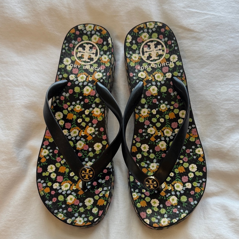 Tory Burch Black Floral Flip Flops